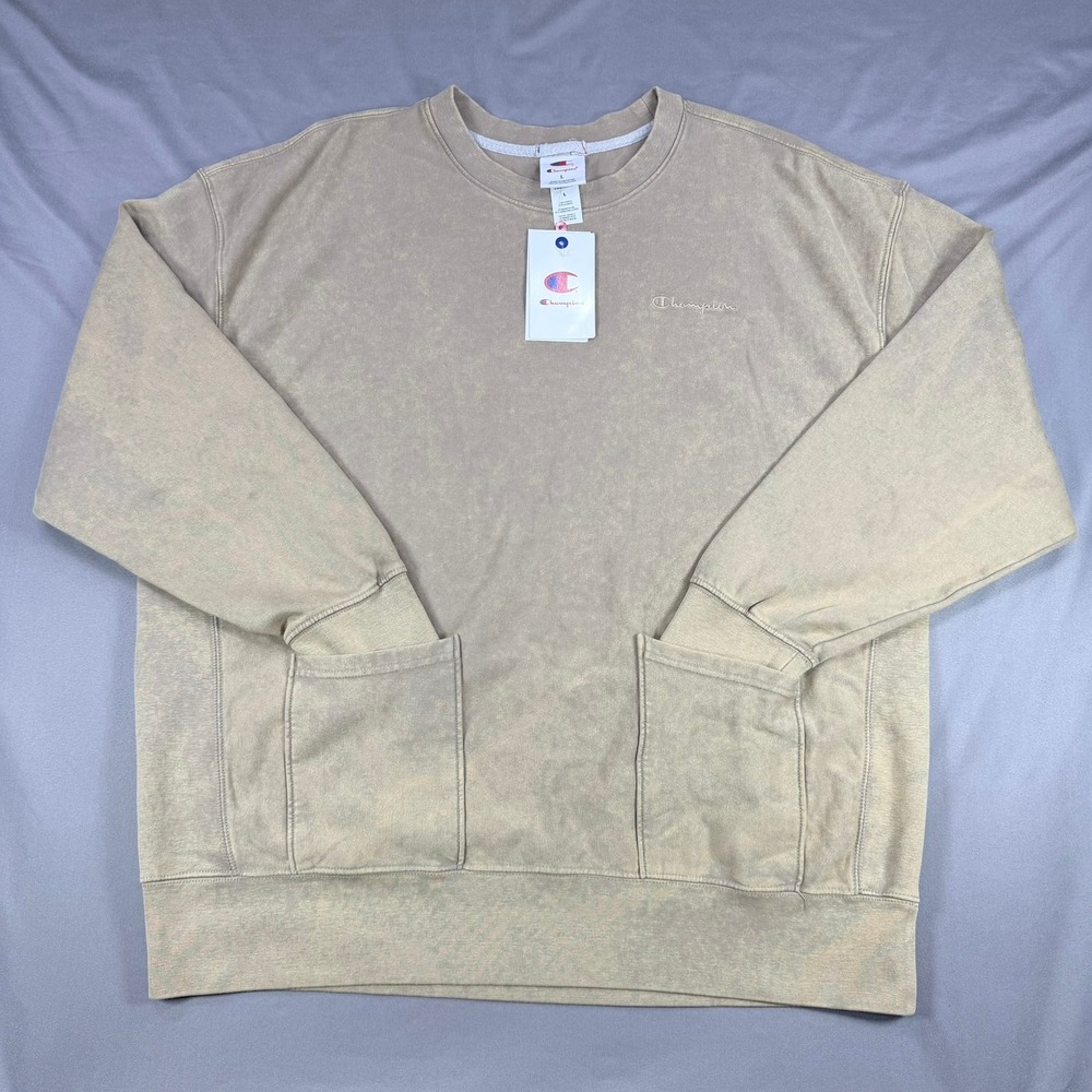 Champion Mens L Khaki Cotton Blend Vintage Wash Look  Crewneck Pocket Sweatshirt
